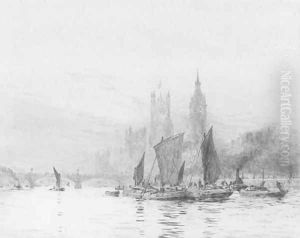 The Houses of Parliament from the Thames by William Lionel Wyllie