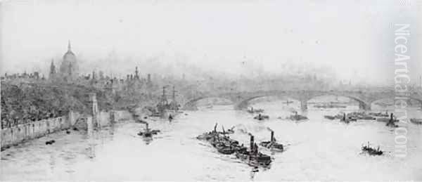 Tugs and barges on the Thames before St. Paul's Cathedral - view 1