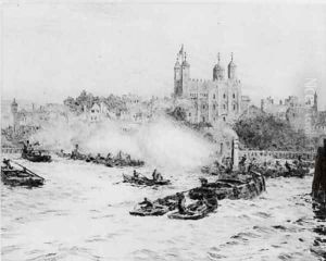Tugs and barges on the Thames before the Tower by William Lionel Wyllie