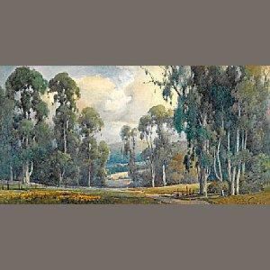 California Wildflowers And Eucalyptus With Hills In The Distance by Percy Gray
