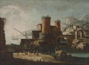 A) Veduta Di Porto Con Due Torri
 E Un Ponte Al Centro, Rovine Sulla Sinistra, Barche E Astanti