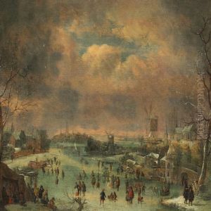Winter Day With Skaters On A Lake In A Dutch Town by Jan Griffier I