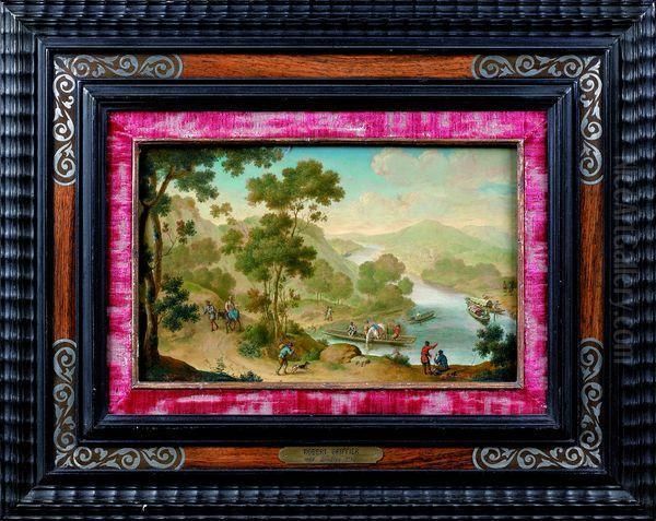 bac Traversant Une Riviere Dans Un Paysage Vallonne Anime De Promeneurs - view 1