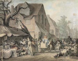 A Street Scene With A Fair, Mortlake by Samuel Hieronymus Grimm