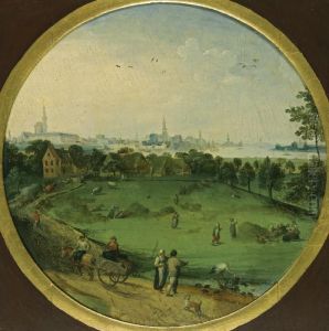 A Summer Landscape With Peasants Harvesting With A View Of Antwerp Beyond by Abel Grimmer