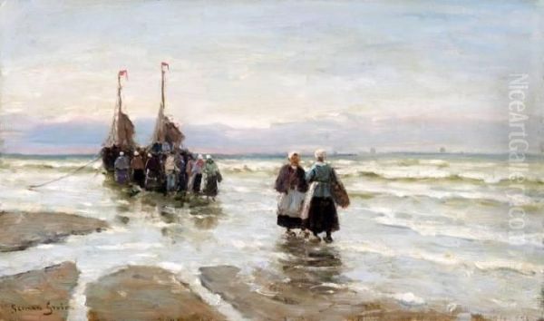 Katwijkse Vissersvrouwen Bij Bomschuiten Op Het Strand - view 1