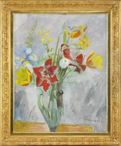 Blomsterstilleben Med Amaryllis Och Gula Tulpaner