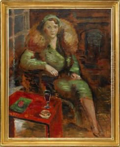 Interior Med Kvinna I Gron Kappa Och Boa - Portratt Av Frustreletskie by Isaac Grunewald