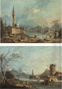 A Capriccio With A Church By A Lake And Figures Fishing On The Shore by Francesco Guardi