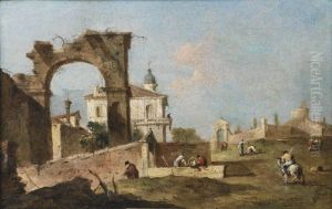 A Capriccio Of A Ruined Archway, A Villa And A Church, With A Horseman In The Foreground by Francesco Guardi