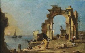 A Capriccio Of A Ruined Archway
On The Edge Of The Venetian Lagoon, With A Mother Struggling With Her
Child In The Foreground by Francesco Guardi