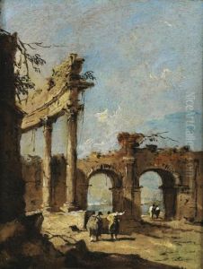A Capriccio Of A Ruined 
Corinthian Colonnade And A Double-arched Gateway With Gentlemen 
Conversing In The Foreground