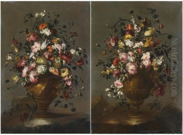 Two Still Lifes With Roses,
Tulips, Viburnums, Sunflower, Poppies And Other Flowers In A Vase - view 1