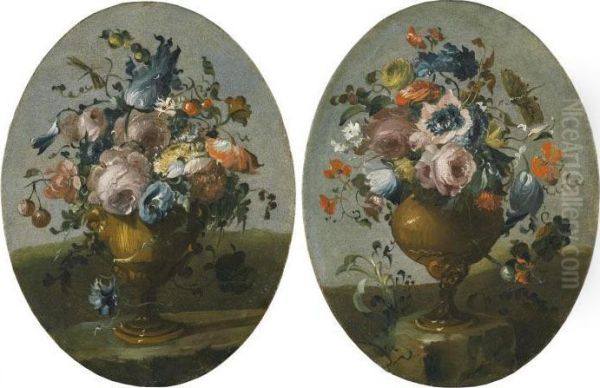 A Pair Of Still Lifes Of Roses,
Anemones, Tulips And Other Flowers In Bronze Urns, Resting Upon Stone
Ledges - view 1