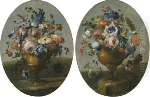 A Pair Of Still Lifes Of Roses,
Anemones, Tulips And Other Flowers In Bronze Urns, Resting Upon Stone
Ledges thumbnail