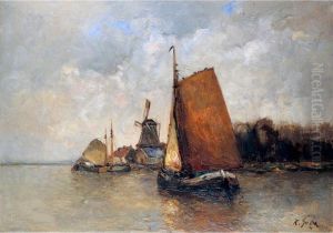 Fischerboot Vor Hollandischer Uferlandschaft by Rudolf Guba