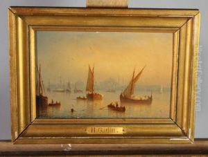Paire De Marines Representant Une Tempete Et Une Vue Du Pont De Sainte Sophie. by Herminie Gudin