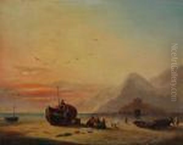 Strandgezicht Bij Ondergaande Zon Met Personages Bij Sloepen - view 1