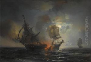 Sea Battle By Night by Theodore Gudin
