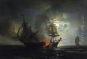 Dramatic Seabattle In The Full Moon by Theodore Gudin