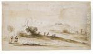 Travellers Walking And Resting In A Landscape, A Tower In The Distance by Giovanni Francesco Barbieri