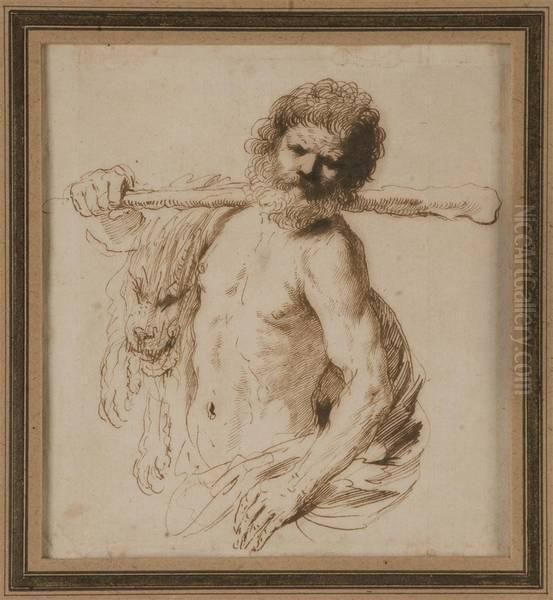 Hercule Portant Une Peau De Lion
 Ainsi Qu""un Baton, Plume Et Encre Brune Sur Papier. Par Il Guercino. 
Ecole Italienne (bologne). (dessin Preparatoire Pour Le Tableau 
Anciennement Dans La Collection Koeliker. On Y Joint Un Dossier D""etude
 Realise - view 1