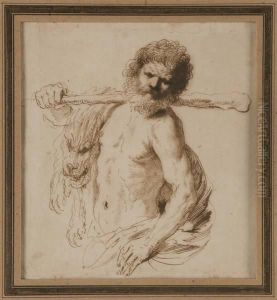Hercule Portant Une Peau De Lion
 Ainsi Qu""un Baton, Plume Et Encre Brune Sur Papier. Par Il Guercino. 
Ecole Italienne (bologne). (dessin Preparatoire Pour Le Tableau 
Anciennement Dans La Collection Koeliker. On Y Joint Un Dossier D""etude
 Realise