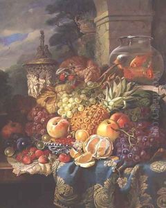 Still life of fruit on a ledge with a goldfish bowl, 1876