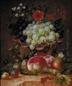 Grapes, peaches, plums, cobnuts, redcurrants, summer flowers by William John Wainwright