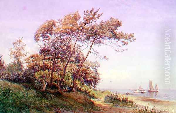 A Picnic on the Coast, Isle of Wight, with a yacht moored offshore flying the ensign of the Royal Yacht Squadron - view 1