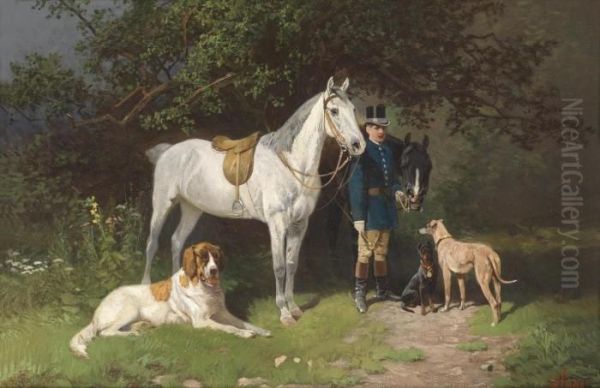 Rider With Two Horses And Dogs - view 1