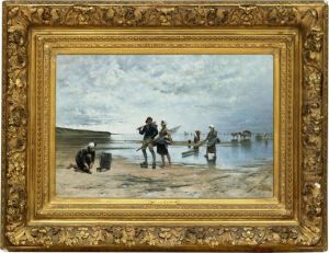 Fiskare Och Musselplockerskor Pa Stranden I Bretagne by August Wilhelm Nikolaus Hagborg