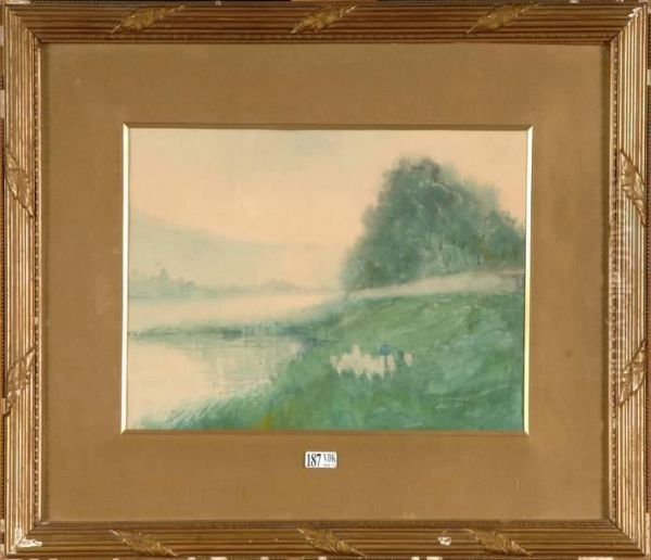 Berger Et Son Troupeau Au Bord Du Lac - view 1