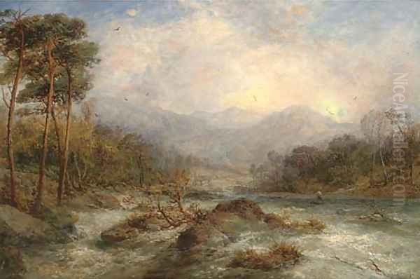 An angler on a river in full spate - view 1