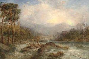 An angler on a river in full spate
