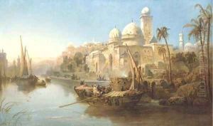 Vessels moored at the steps of a Moorish palace