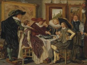 Elegant Company Feasting In An Interior by Dirck Hals