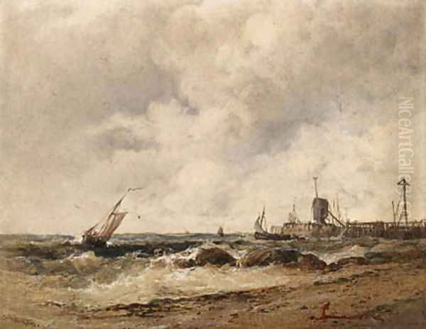 Shipping off a pier in stormy seas by James Webb