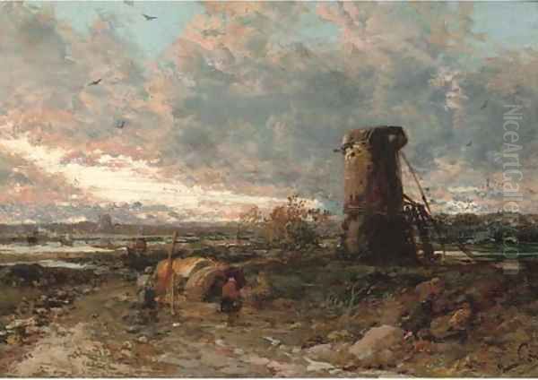 Figures by a windmill, sunset - view 1