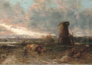 Figures by a windmill, sunset