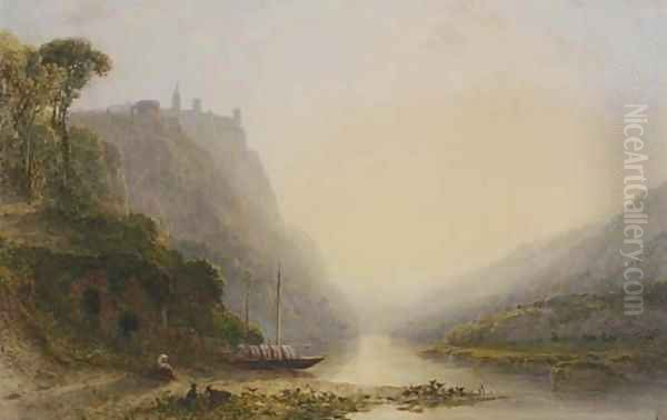 A capriccio view of an Italian hilltop monastery, figures resting on the bank of a river below - view 1