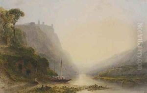 A capriccio view of an Italian hilltop monastery, figures resting on the bank of a river below