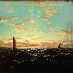 Seascape With Sunset And Sailing Ships by Thomas Bush Hardy