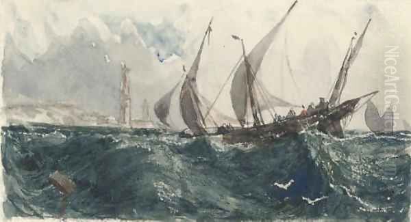 Xebecs in the Mediterranean before a lighthouse - view 1