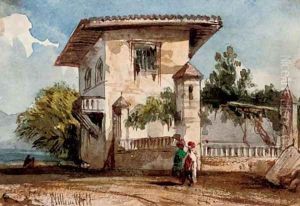 Figures before an Italianate villa by William Wyld