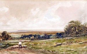 Shepherd And Sheep In Landscape by Claude Hayes
