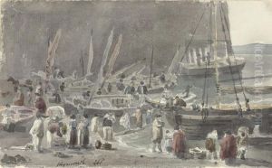 Fisherfolk Among Boats At Plymouth by John Samuel Hayward