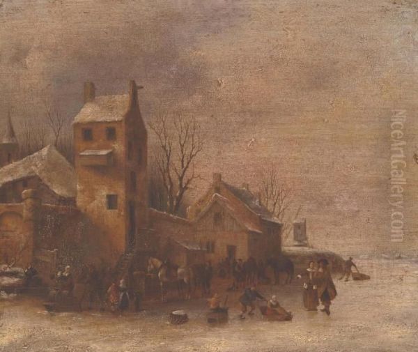 A Frozen Winter Landscape With Elegant Company And Skaters - view 1