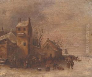 A Frozen Winter Landscape With Elegant Company And Skaters by Thomas Heeremans