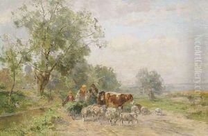 Bauernfamilie Mit Ihrer Herde by Karl Adam Heinisch